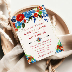 Aquarell Rote und Blaue Blumen Hochzeit Einladung
