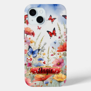 Aquarell Rote und Blaue Schmetterlinge und Blüten Case-Mate iPhone Hülle