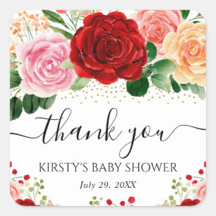 Aquarell-Rote-und-Gelbe-Rosen-Baby-Party Quadratischer Aufkleber