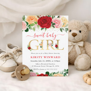 Aquarell Rote und Gelbe Rosen Babyparty Einladung