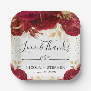 Aquarell Rote und Goldene Blumen Hochzeit Pappteller