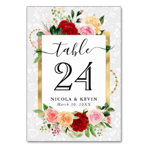 Aquarell Rote und Orange Rosen Blumen Hochzeit Tischnummer