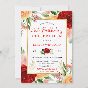 Aquarell Rote und Orange Rosen Geburtstag Einladung