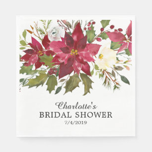 Aquarell Rote Weihnachtsstern-Stechpalme-Brautjung Serviette