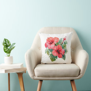 Aquarell Roter Hibiskus Tropische Blumen Grüne Pfl Kissen