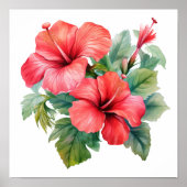 Aquarell roter leuchtender Hibiskus Blumen Grün Poster (Vorne)