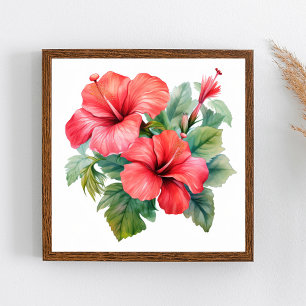 Aquarell roter leuchtender Hibiskus Blumen Grün Poster