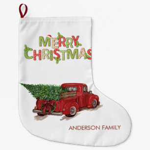 Aquarell-Roter-LKW-Tannenbaum-Frohe-Weihnachten Großer Weihnachtsstrumpf