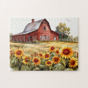 Aquarell Roter Stall mit Sonnenblumen Puzzle