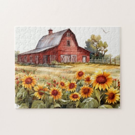 Aquarell Roter Stall mit Sonnenblumen Puzzle (Horizontal)