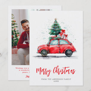 Aquarell-Rotes-Auto-Weihnachts-Feiertags-Familienf Feiertagskarte