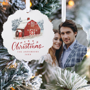 Aquarell-Rotes-Bauernhaus-Frohe-Weihnachten-Foto Ornament Karte