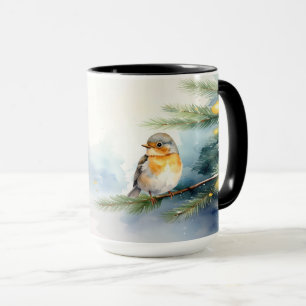 Aquarell-Rotkehlchen auf einem Kiefernzweig-Feiert Tasse