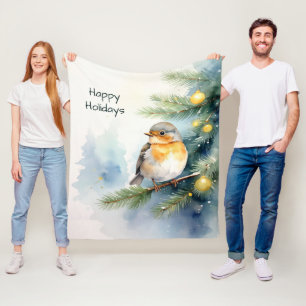 Aquarell-Rotkehlchen auf einem Kiefernzweig-Fliesb Fleecedecke