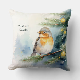 Aquarell-Rotkehlchen auf einem Kiefernzweig Kissen