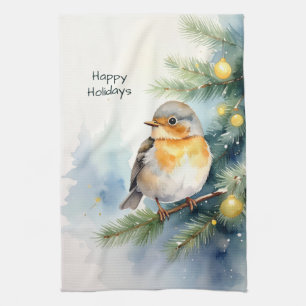 Aquarell-Rotkehlchen auf einem Kiefernzweig Küchen Geschirrtuch