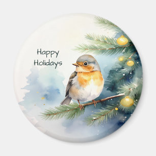 Aquarell-Rotkehlchen auf einem Kiefernzweig-Magnet Magnet