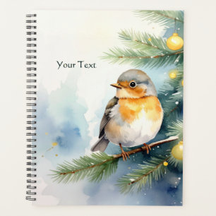Aquarell-Rotkehlchen auf einem Kiefernzweig Planer