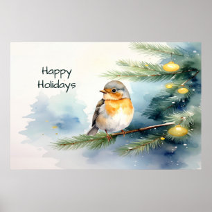 Aquarell-Rotkehlchen auf einem Kiefernzweig Poster