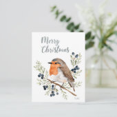 Aquarell Rotkehlchen und Winterbeeren Feiertagspostkarte (Stehend Vorderseite)