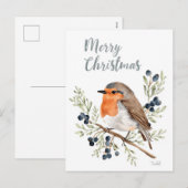 Aquarell Rotkehlchen und Winterbeeren Feiertagspostkarte (Vorne/Hinten)