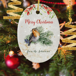 Aquarell-Rotkehlchen-Vogel-Foto-Weihnachtsandenken Keramik Ornament