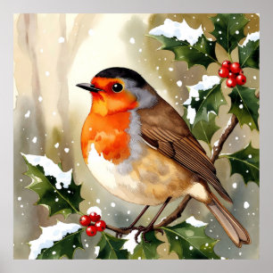 Aquarell-Rotkehlchen-Weihnachtsdesign Poster
