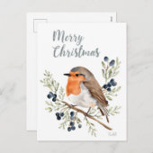 Aquarell Rotkehlchen & Winterbeeren Feiertagspostkarte (Vorne/Hinten)