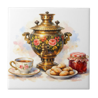 Aquarell Russischer Samowar mit Keksen und Marmela Fliese