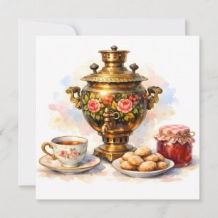 Aquarell Russischer Samowar mit Keksen und Marmela Karte