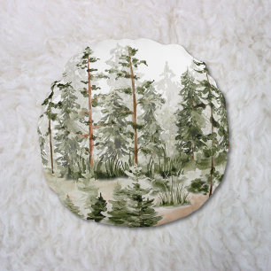 Aquarell Rustik Grüner Wald Rundes Kissen