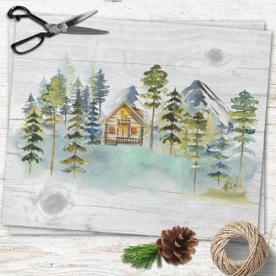 Aquarell Rustik Nebeliger Wald Berghütte Geschenkpapier