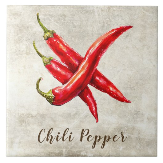 Aquarell Rustik Rote Chili Paprika Faux Textur Fliese (Vorderseite)