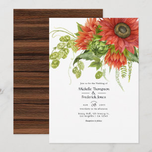Aquarell Rustikale Boho Rote Sonnenblumen Hochzeit Einladung