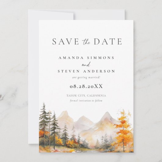 Aquarell Rustikale Herbst-Bergwald-Hochzeit Save The Date (Vorderseite)