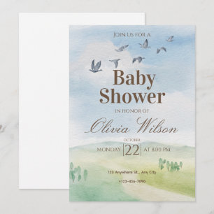 Aquarell-Rustikale-Himmel-und-Vögel-Baby-Shower-Ei Einladung