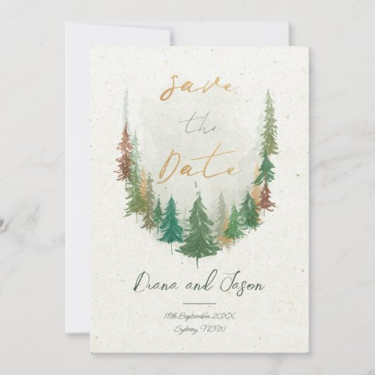 Aquarell Rustikale Kiefernwälder Save the Date Einladung (Vorderseite)