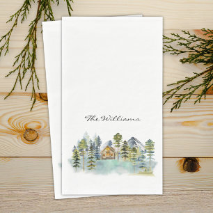 Aquarell Rustikale Neblige Wald Berghütte Serviette