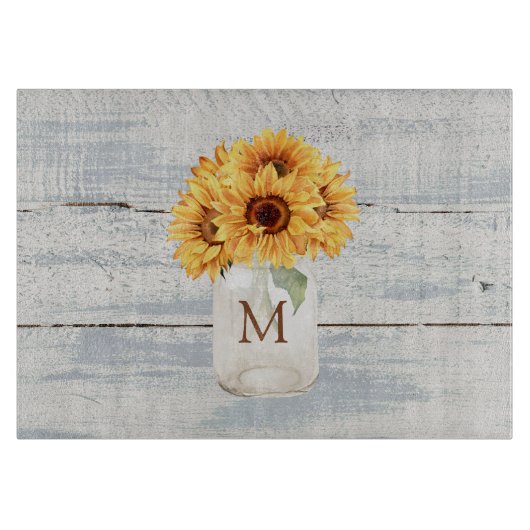 Aquarell Rustikale Sonnenblume Bouquet im Mason Ja Schneidebrett (Vorderseite)