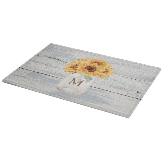 Aquarell Rustikale Sonnenblume Bouquet im Mason Ja Schneidebrett (Ecke)