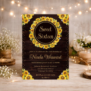 Aquarell-Rustikale-Sonnenblumen-Kranz Sweet 16 Einladung