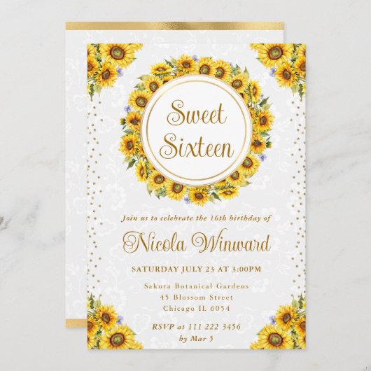 Aquarell Rustikale Sonnenblumen Süß 16 Einladung (Vorne/Hinten)
