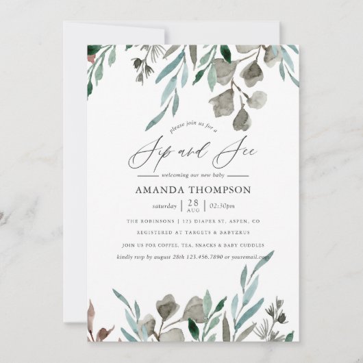 Aquarell Rustikale Vegetation Winter Sip and See Einladung (Vorderseite)