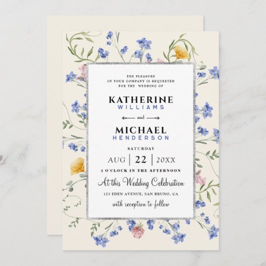 Aquarell Rustikale Wildblumen Wiesen Hochzeit Foil Einladung (Vorne/Hinten)