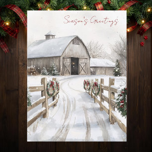 Aquarell Rustikale Winter-Scheune Weihnachtsgrüße Feiertagspostkarte