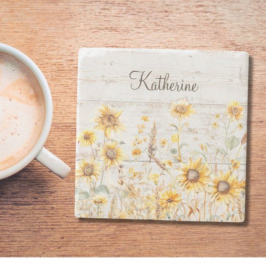 Aquarell Rustikaler Gelbblütengarten Holz Steinuntersetzer