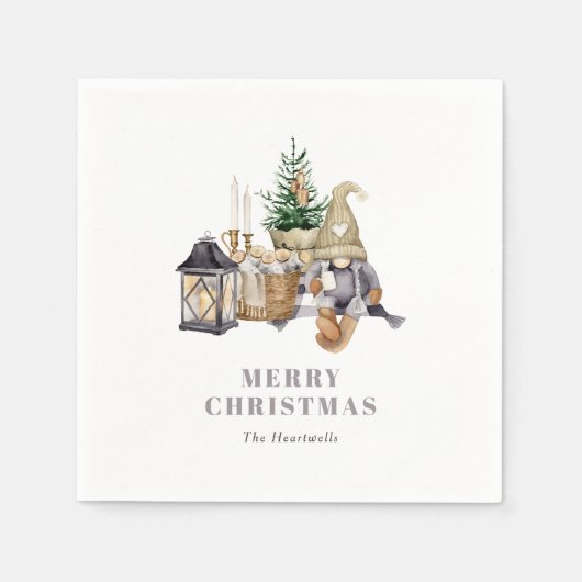 Aquarell Rustikaler Gnome Holiday Serviette (Vorderseite)