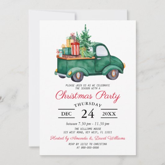 Aquarell Rustikaler Grüner LKW Weihnachtsfest Part Einladung (Vorderseite)
