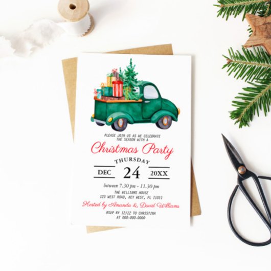 Aquarell Rustikaler Grüner LKW Weihnachtsfest Part Einladung