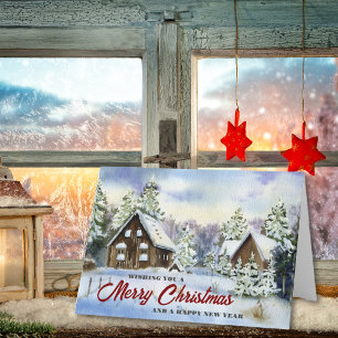 Aquarell-Rustikales-Land-Bauernhaus-Weihnachten Feiertagskarte